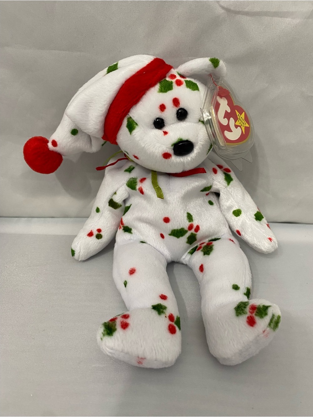Ty Holiday Holly Bear Plush - White with Red & Green Accents